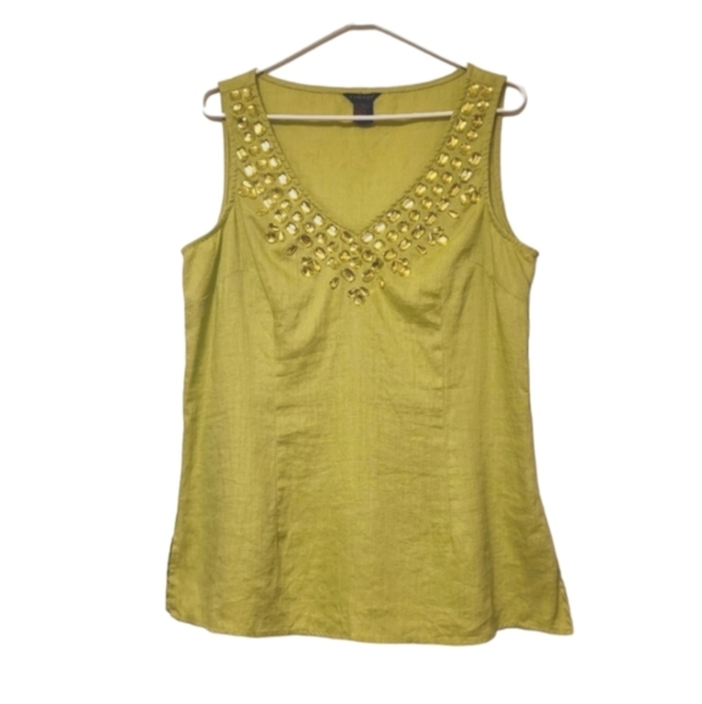 Ecologie 100% Linen blouse,sleeveless top,Rhinestone embelishment, L